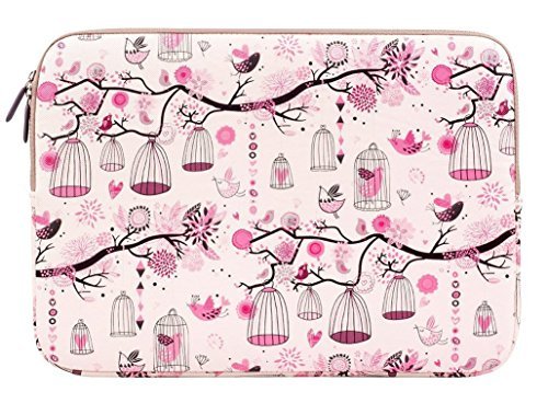 Plemo Laptop Sleeve 13 - 13.3 Inches Canvas Fabric Cover Case for MacBook / Notebook / Dell / Hp / Acer / Asus , Colorful Bird Pattern, Pink