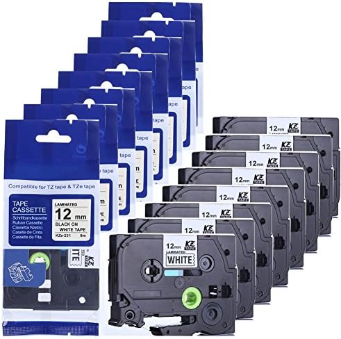 Wangsale Replacement Laminated TZe231 TZ 231 For Brother P Touch Labeler 12mm X 8m 1/2-Inch Labeling Tape 26.2 Feet (8 PK Black on White)