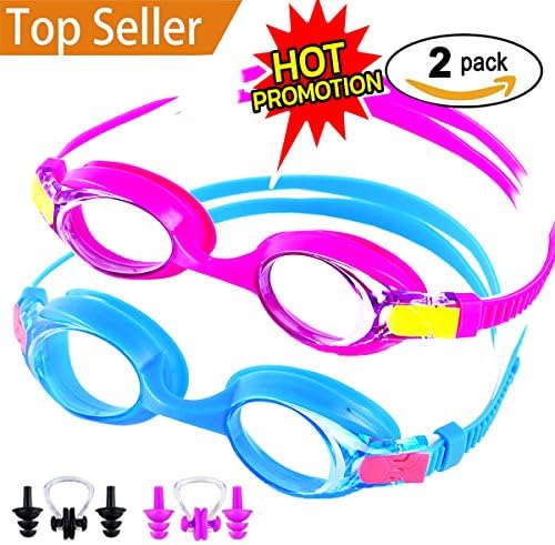 HoFire Kids Swim Goggles,2 Packs Swimming Glasses for Kids (Age 2-15 years old) with Clear Vision Anti Fog,UV Protection,No Leak, Soft Silicone Frame And Strap by Blue+Dark Red(2 Packs)