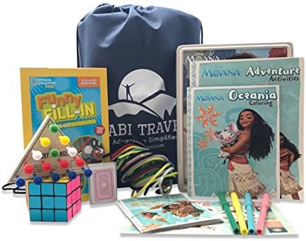 Travel Kit for Kids Deluxe | Road Trips or Plane Rides | Moana Activity Set, Triangle Peg Game, Chenille Sticks, Funny Word Fill-In Book, Cards, Puzzle Cube + Travel Adventure E-Book
