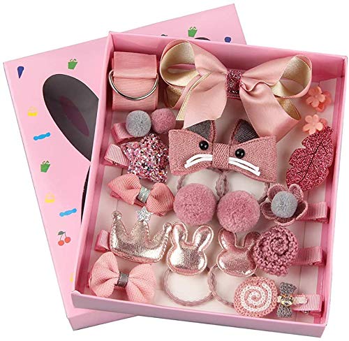 Baby Hair 18pcs Accessories Gift Set for girls gift box various styles Hair Clips Bows Hairpin Ribbon Elastic Hair Ties Ponytail for Little Girls Baby Toddler Kids (rose))