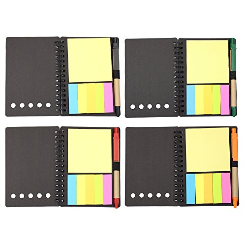 MoMaek 4 Sets Spiral Notebook Cover Paper Steno Pocket Notepad with Pen in Holder, Sticky Notes and Page Marker Index Tabs Flags (Black) - Thumbnail 2