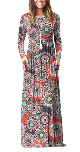 Viishow Women's Long Sleeve Floral Dress Loose Plain Maxi Dresses Casual Long Dresses with Pockets(Round Floral Orange,X-Small)