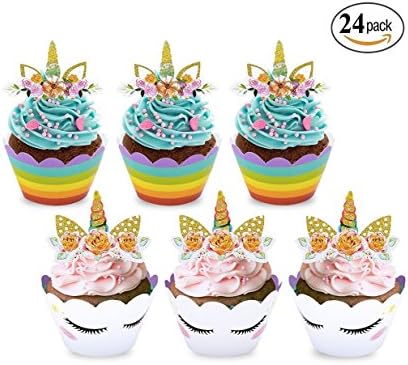 Unicorn Cupcake topper Happy Birthday Party Supplies - Set of 24 Pack For Congratulation Decoration Anniversary Festival Graduation Bouquet Gift Idea bridal Parties Celebration Baby Shower Wedding