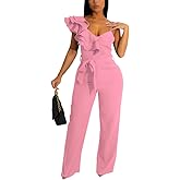 HBQ Womens Casual One Piece Jumpsuits V-Neck Sleeveless Ruffle Backless Belted Elegant Romper Wide Leg Pant Sexy Party Clubwear Overalls-Solid-XL