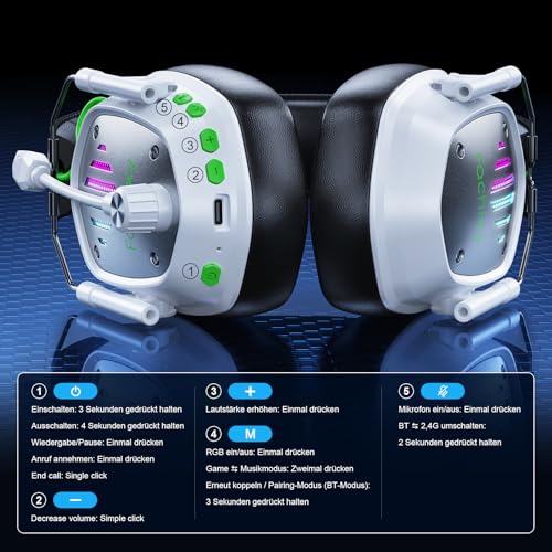 Fachixy Gaming Headset Wireless for PS4, PS5, Switch, PC, Mac, Laptop, 60H 2.4GHz Gaming Headset with Noise Cancelling Microphone, Wireless Bluetooth Headphones with LED Lights, Surround Sound