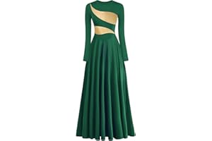 yrsZX Women's Praise Dance Dress Leaf Gold Metallic Long Sleeve Liturgical Worship Lyrical Dance Costume Church Robe