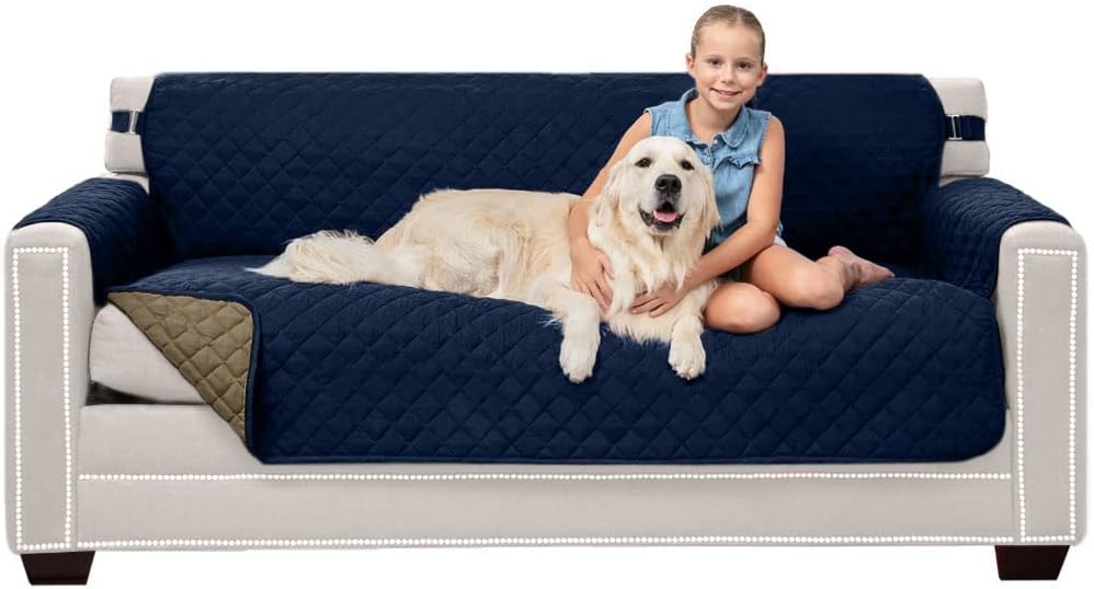 Slipcovers - Sofa Shield Patented Couch Slip Cover, Large Cushion Protector, Reversible Stain and Dog Tear Resistant Slipcover, Quilted Microfiber 70” Seat, Washable Covers for Dogs Pets Kids, Navy Sand