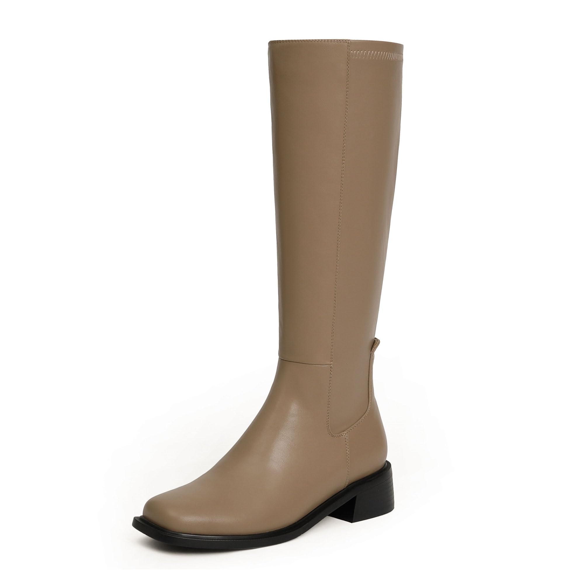 Photo 1 of QIY Tall Boots for Women Knee High Khaki Boots with Low Heel Long Fall 2025 Riding Square Toe Ladies Flat Leather Block Chunky Heeled Boot Size 11