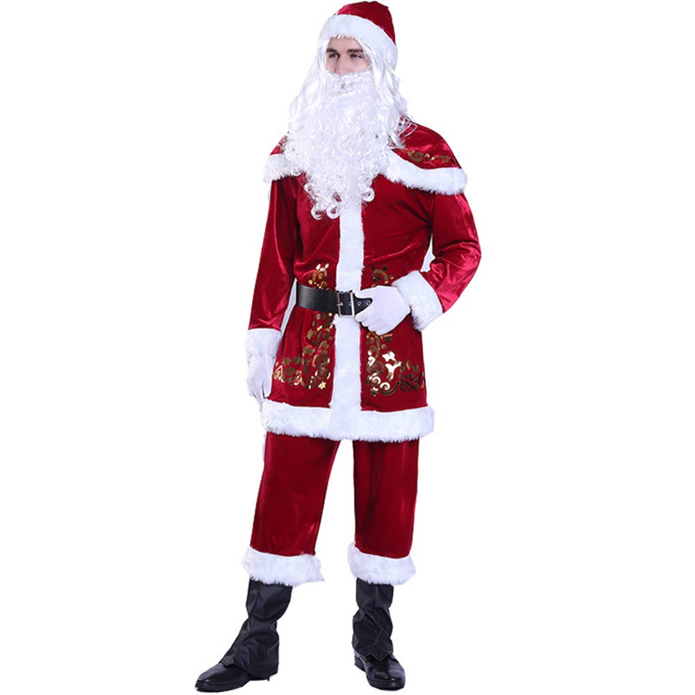 Yoisdtxc Adult Christmas Santa Claus Costume Set Cosplay Props Costume Unisex Fancy Dress Coat Pants Beard Belt Hat Party Outfit (Red 2, L)