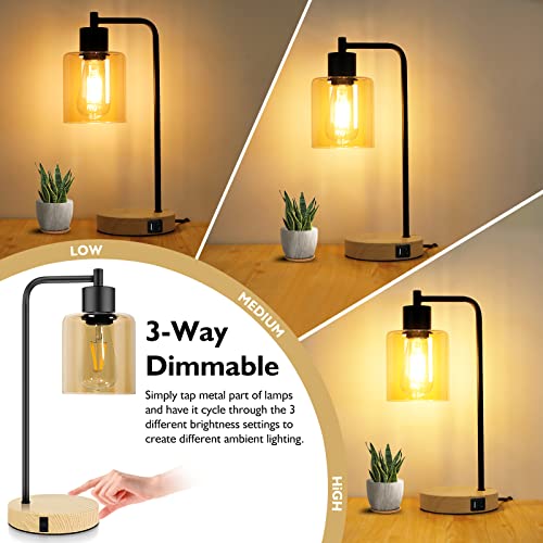 Industrial Table Lamp for Bedroom with USB Type-C AC Ports Amber Glass Lamp Shade Touch Control Bedside Lamp 3-Way Dimmable Nightstand Reading Lamp Set of 2 for Living Room,Office,2 LED Bulbs Include