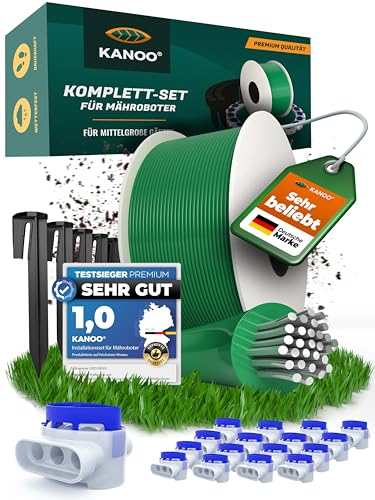 Mähroboter Begrenzungskabel Set – Kabel + Erdnägel + Kabelverbinder + Anschlussklemmen – Komplettset für alle Marken – Rasenroboter Installationsset z