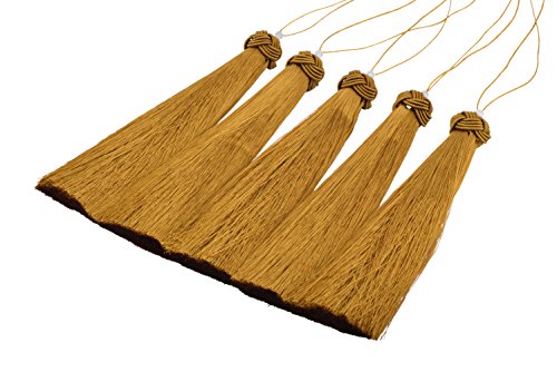 KONMAY 5pcs 6.4''(16.0cm) Large and Long Handmade Imitation Silk Tassels with Threaded Cap and Jade Beads (Goldenrod)