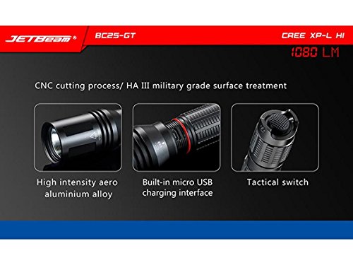 Jetbeam BC25GT Rechargeable CREE XP-L HI LED Flashlight -1080 Lumens w/ Exclusive Jetbeam Keychain Light