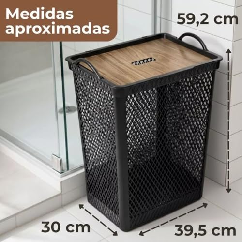Cesto De Roupas Telado 49 Litros Com Tampa Basculante Estilo Madeira Multiuso