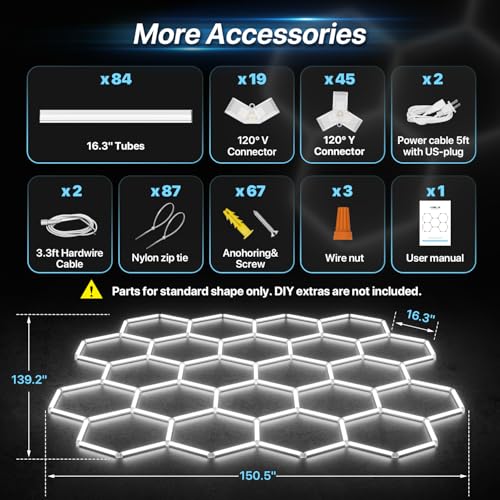 HYPERLITE Gen II Hexagon Garage Light, Upgraded 3 Level Dimmable 581W 58100LM Super Bright Garage Detailing Lights, 22 Grids Hexagon Shop Lights, Hex LED Lights for Basement, Gym, Barber