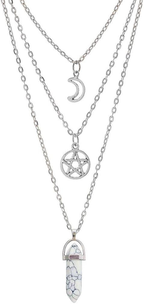 MJartoria Moon Pentagram Necklace Pentacle Chakra Charm Pendant Multi Layer Alloy Chain Choker Necklace Set Gothic Jewelry (Silver star hexagonal column-3pcs): Clothing
