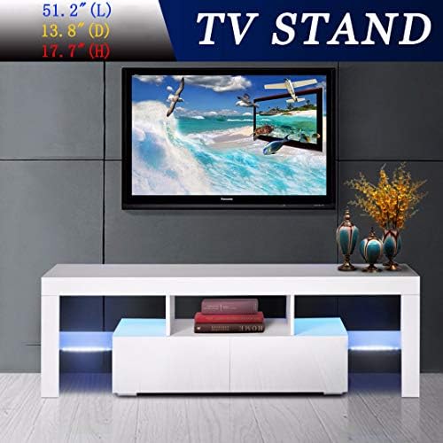 ttbero Modern White TV Stand with LED Lights, 51.2 Inch High Gloss TV Console Cabinet with Storage and 2 Drawers Living Room Modern Furniture