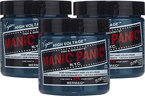 Manic Panic Mermaid Blue Hair Color Cream (3-Pack) Classic High Voltage - Semi-Permanent Hair Dye - Vivid, Blue Shade - For Dark, Light Hair - Vegan, PPD & Ammonia-Free - Ready-to-Use, No-Mix Coloring