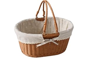 Generic Imitation Rattan Picnic Basket, Oval, 14in*10.5in*7.1in, Brown, 33.84L, Modern, Detachable Floral Lace Lined, Strong 