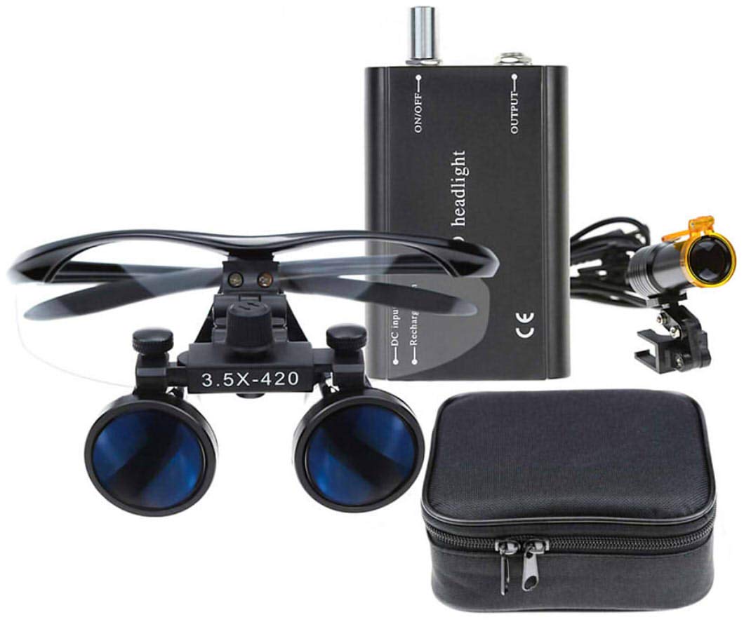 BONEW 3.5X Surgical Binocular Loupes Optical Glass + 5W LED Headlight Powerfullight with Clip-on Type + Cloth Bag DY-008 (Black)