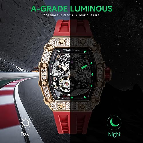 TSAR BOMBA Men's Automatic Watch Skeleton Watch Luxury Barrel Mechanical Watch 50m Waterproof Analog Watch