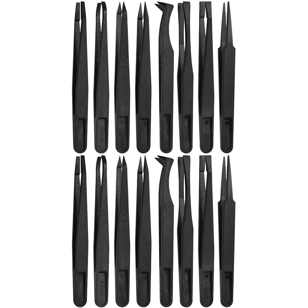 MMOBIEL 16-Piece Anti-Static Plastic Precision Tweezers Set, Tweezers with Pointed Flat Tip/Curved Tips for Electronics, Jewellery Making, Laboratory Work, Black