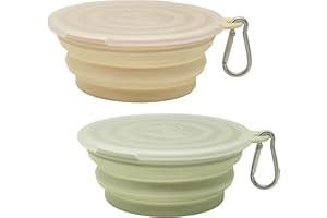 YLAPTEW Small Collapsible Dog Bowl 12oz,2 Pack Portable and Foldable Pet Travel Bowls with 2 Carabiners & Lids for Dogs Cats and Small Animals (Macaron Yellow+Green, 350ml)