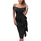 CurvySweet Women's Off The Shoulder Formal Evening Midi Dress Built-in Bra Bodycon Ruched Slit Elegant Holiday Cocktail Party