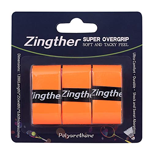 Zingther Premium Super Tacky Overgrips - Professional Tennis Grip Tape for Tennis Rackets, Racquetball Racuqets, Badminton Raquets and Squash Rackets (3 Grips,Orange)