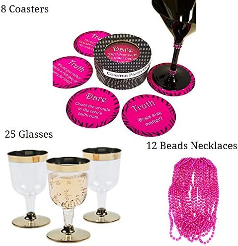 Bachelorette Party Games Bundle Kit, Including Animal Print Truth or Dare Game Coasters, Gold Rimmed Mini Wine Glasses, and Hot Pink Metallic Beads (45 Items)