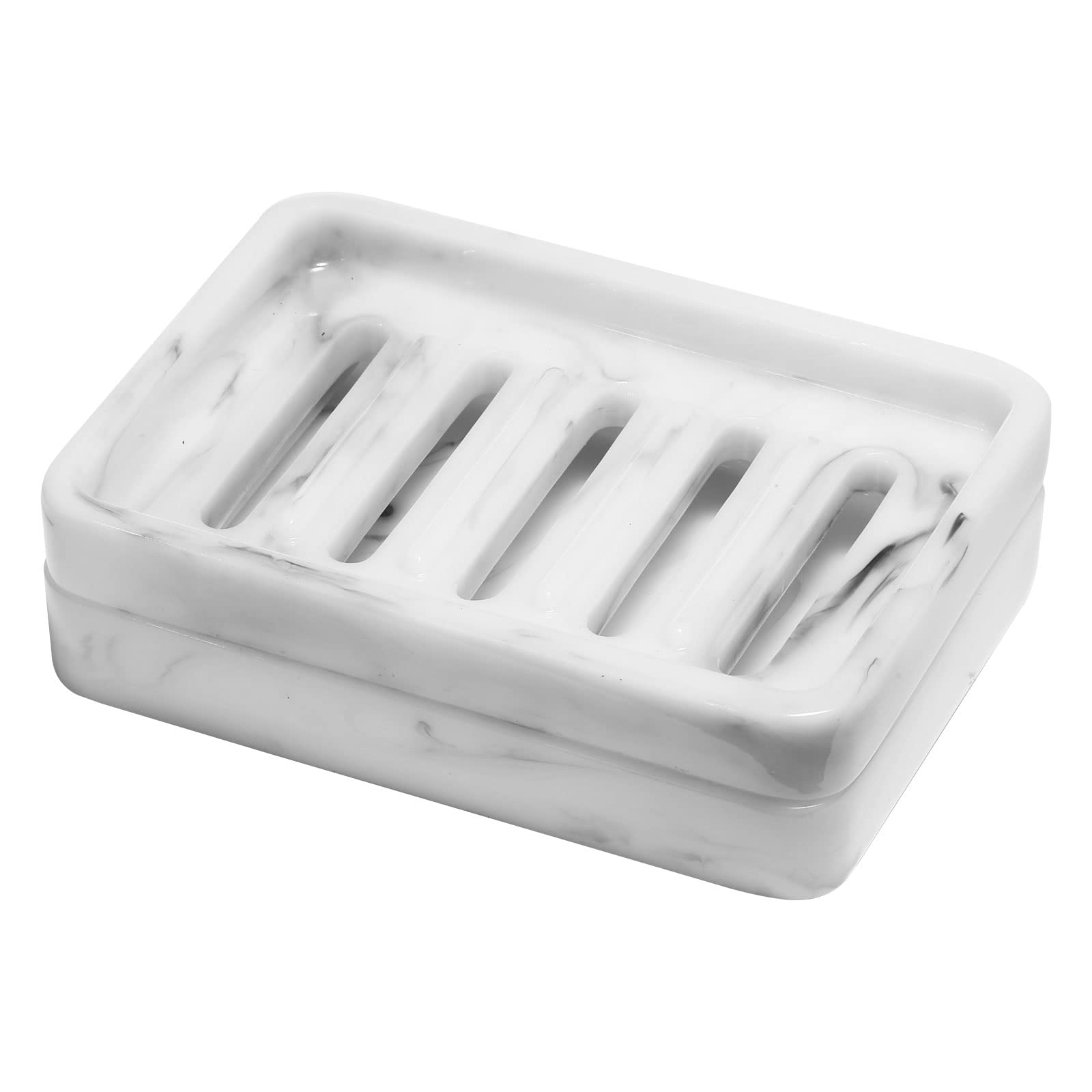 Shinowa Resin Soap Dish, Self-Draining Bar Soap Holder Tray Soap Saver with Drainable Board, Dual Layer Soap Sponge Holder for Bathroom Kitchen Shower Bathtub Sink Counter-top, Marble White