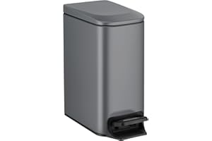 TIPGO Slim Bathroom Trash Can with Lid Soft Close, 6 Liter / 1.6 Gallon Stainless Steel Garbage Can with Removable Inner Bucket, Step Pedal, Small Trash Cans for Bedroom, Office, Kitchen (Grey)
