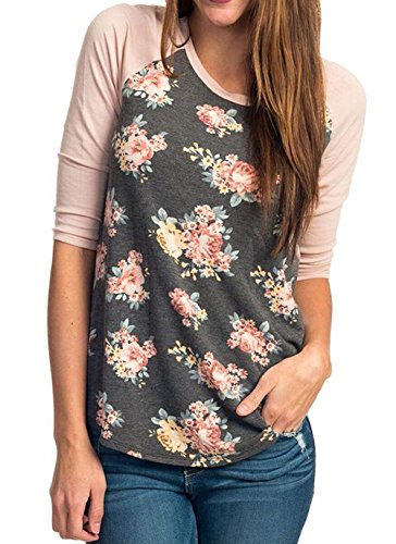 Women Casual Striped 3/4 Ladies Sleeve Tops Lady Floral Print Blouse T-shirt(Color 7, L)