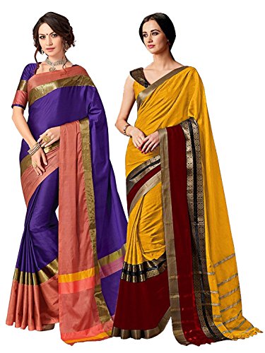 ELINA FASHION Pack of Two Sarees For Indian Women Cotton Art Silk Printed Weaving Border Saree || Sari Combo (Multi 8)