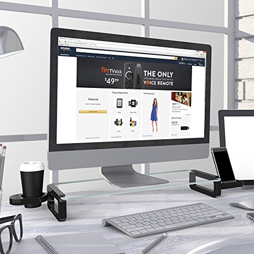 Eutuxia [Black] Tempered Glass Multi-function Universal Monitor Laptop Multimedia Stand with USB Ports, Cup Holder & Phone Dock
