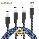 Nutmix Phone Charger 4Pack 3FT 6FT 6FT 10FT Nylon Braided USB Charging & Syncing Cord Compatible with Phone XS/MAX/XR/X/8/8 Plus/7/7 Plus/6s/6s Plus/6 6 Plus (Black Blue)