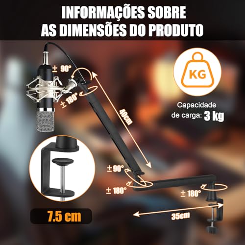 Suporte de Microfone Boom Arm, Adaptador 3/8" a 5/8", Suporte Braço de Microfone, Microphone Boom Arm, Braço Articulado Microfone, Suporte Microfone Mesa com Clipe de Montagem