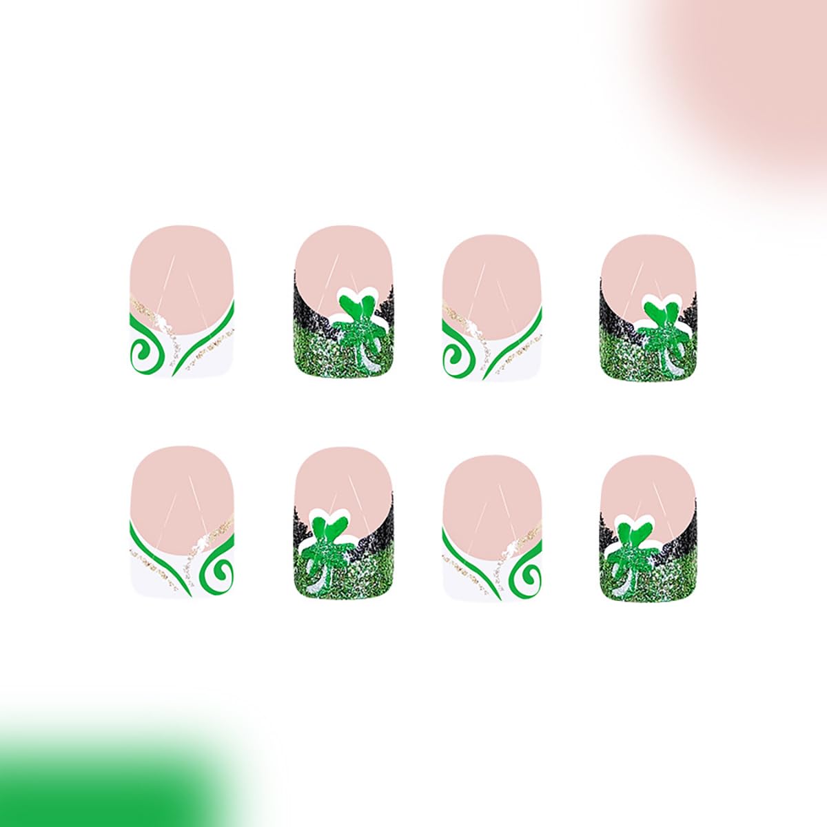 24 Pcs St. Patrick's Day Press on Nails Short Square Nails French Tip Fake Nails with Glitter Designs Saint Patrick's Day Shamrock False Nails Full Cover Stick on Nails Holiday Nails for Women - Image 3