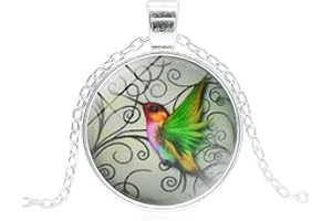 Round Locket Necklaces for Women Pressed Flower Hummingbird Transparent Glass Pendant Necklace Locket Charm Shaped Novelty Fi