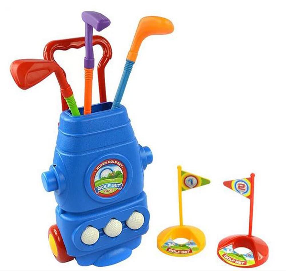 Kid Golf Cart Set with 3 Kinds of Clubs 2 Holes 3 Balls Hand-held Tensile Handle Perfect Outdoor Play Golfer Littlefun for Children