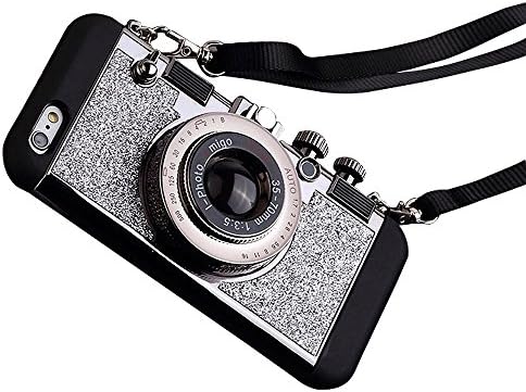 iPhone 7 Case,NUTK 3D Cool Camera Design Case TPU+Cute Silicone Cover Rotatable Holder Stand Case with Selfie Fill-in Light,Mirror,Long Strap Rope,Gift for Girls Womens.(Moderate Hardness)Silvery