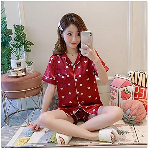 Autumn Women's Pajamas Sets With Flower Print Fashion Luxury Female Faux Silk Two Pieces Shirts + Pants Nighties Sleepwear (Color : X Q 824-XXL)