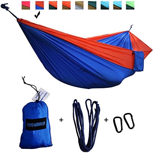 Xiyoyo Camping Hammock Parachute Nylon Single Hammock with Tree Straps&amp;Carabiners 441lb Capacity 108x 55 inch Garden Easy Hanging Gear For Backpacking Survival, Travel (Orange/Royal Blue)