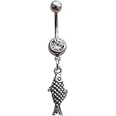 Cute Belly Button Ring, Fish Dangle Pendant Stainless Steel 14G Navel Barbell Ring, Punk Fishing Piercing Body Jewelry for Men Women