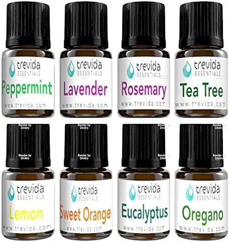 Trevida Essential Oil Sample Pack Starter Set of 8 -- 2.8 ml bottles -- lavender, rosemary, tea tree, sweet orange, lemon, oregano and eucalyptos -- Ideal for Aromatherapy and Therapeutic Grade