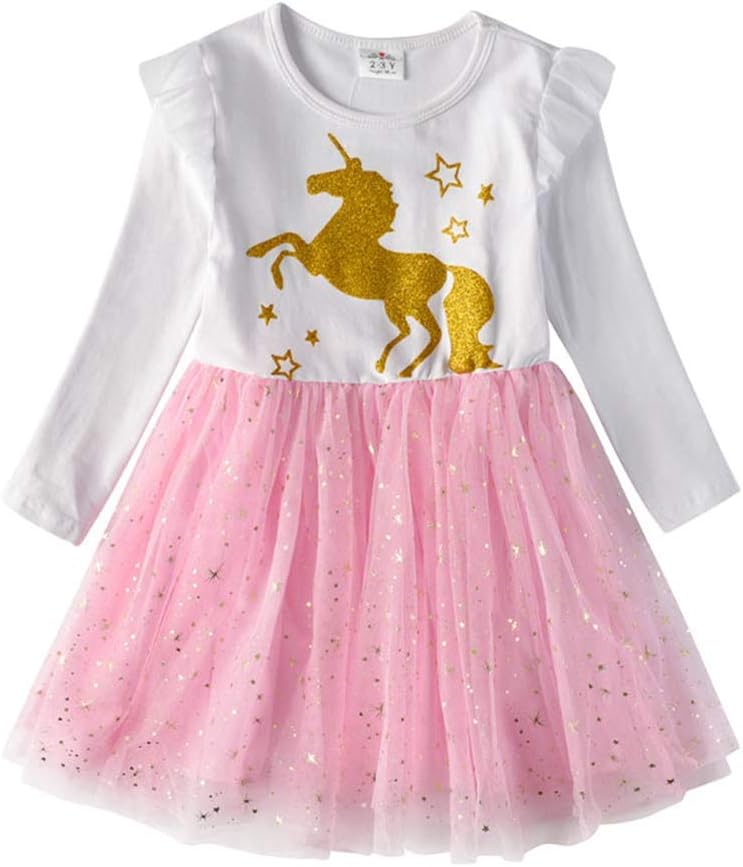 DXTON Girls Unicorn Princess Tulle Long Sleeve Casual Dresses