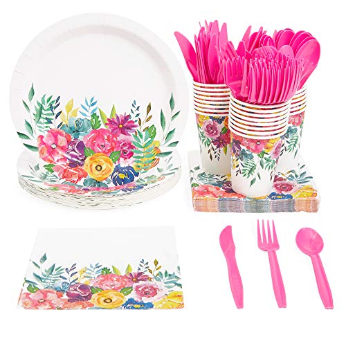 Disposable Dinnerware Set - Serves 24 - Vintage Floral Party Supplies for Birthday, Wedding, Bridal Shower, Assorted Blooms Design, Includes Plastic Knives, Spoons, Forks, Paper Plates, Napkins, Cups