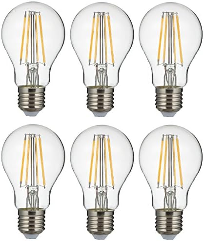 6 Piece 6W (60W Equivalent) LED Vintage Filament Clear Light Bulb, 2700K Clear Soft White 800LM, E26 Base, A19, UL Listed, RoHS, Dimmable