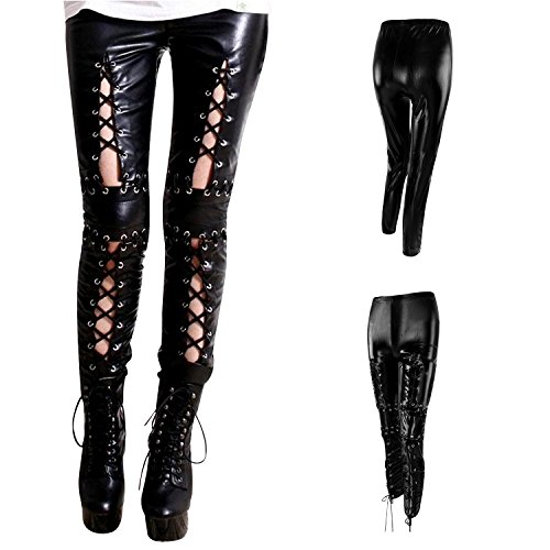 Women Sexy Faux Leather Metal Eyelets Lace Up Leggings Pants Punk Gothic Casual Trousers